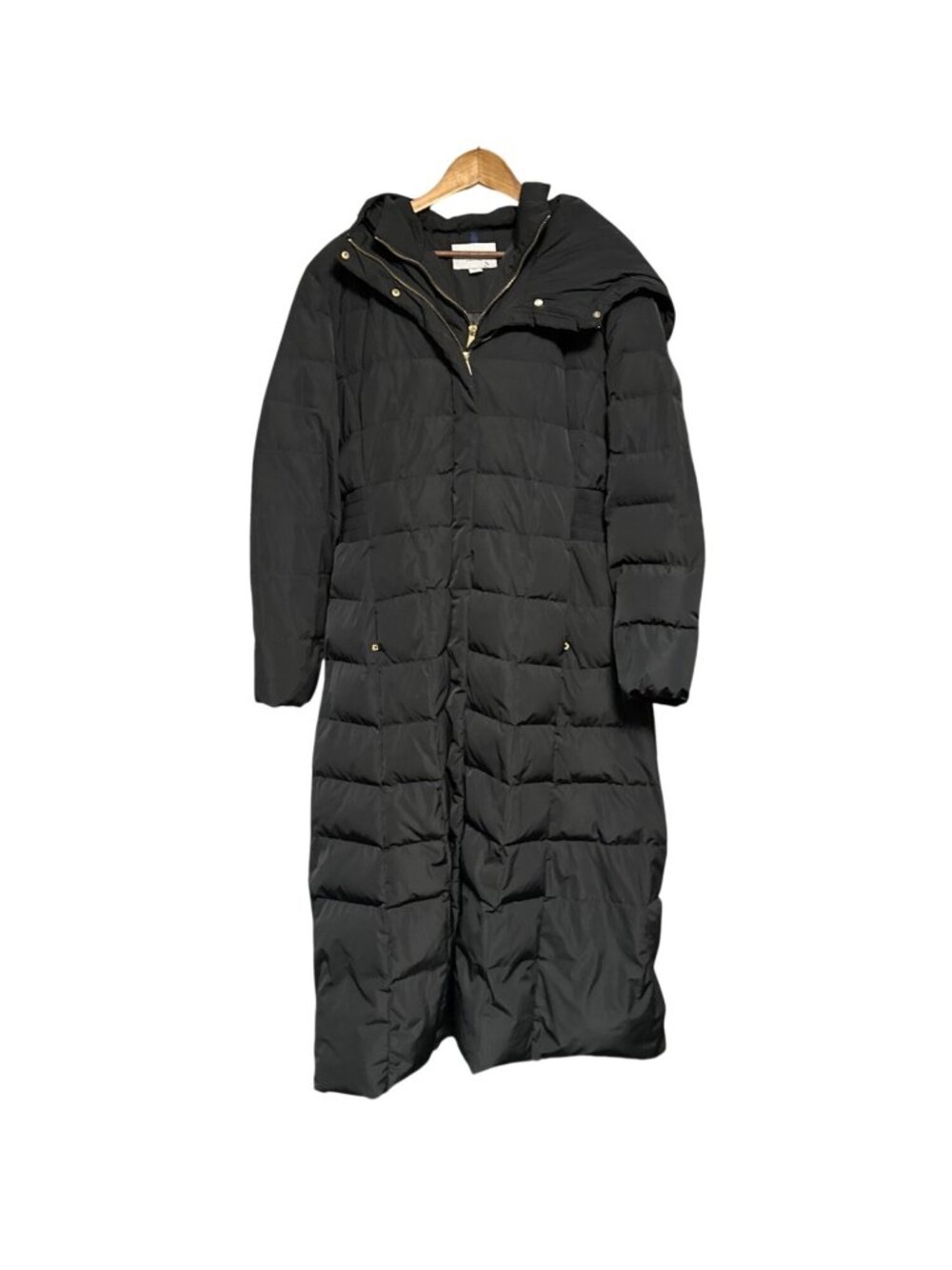 Cole Haan Signature  Black Long Down Puffer Coat With Hood & Gold Accents Sz XXL